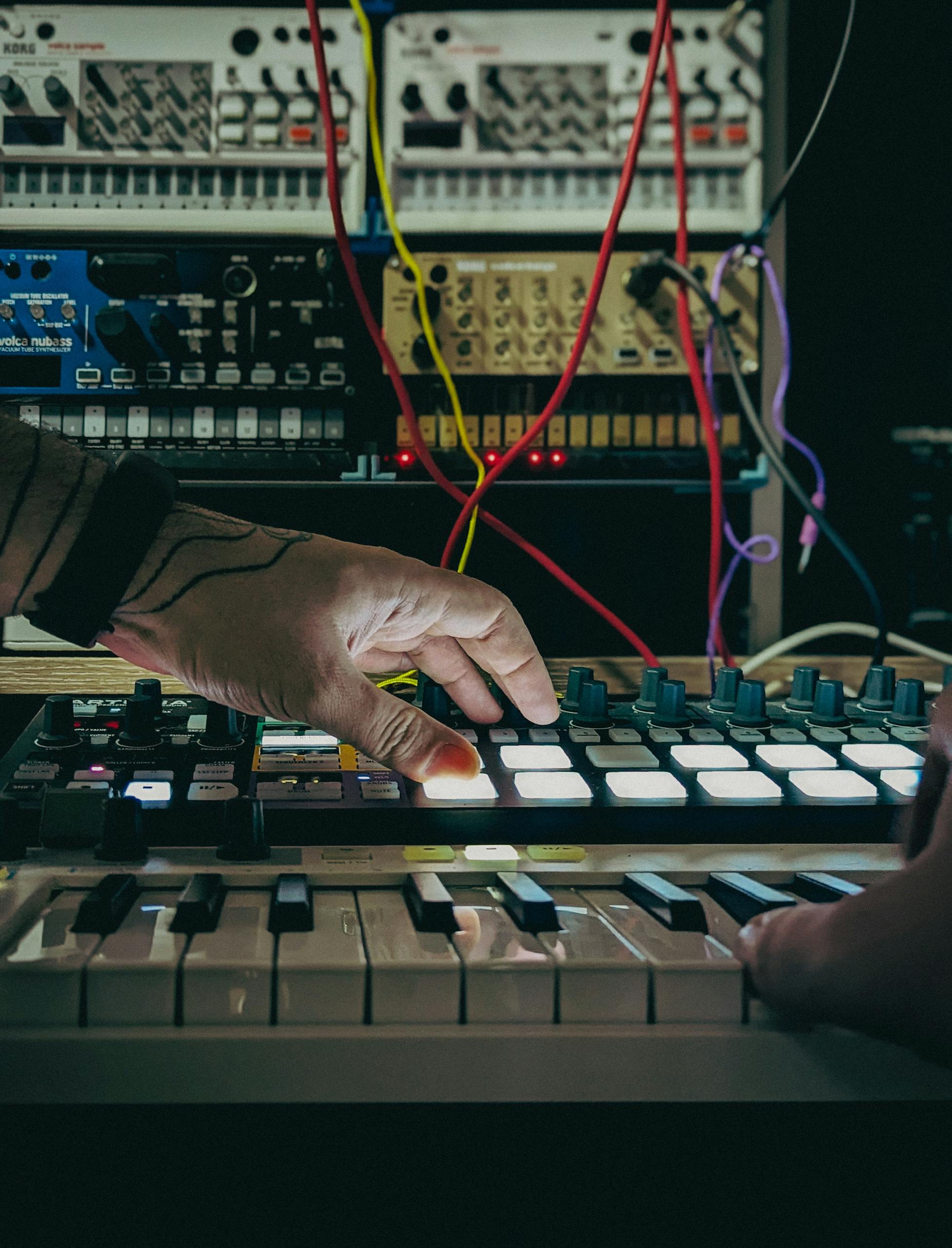 Hand on Music Production Controller and a Electronic Piano